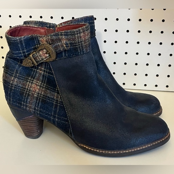 L'artiste Spring Step Scottala Navy Leather Zip Plaid Ankle Boots 42 - Picture 11 of 17